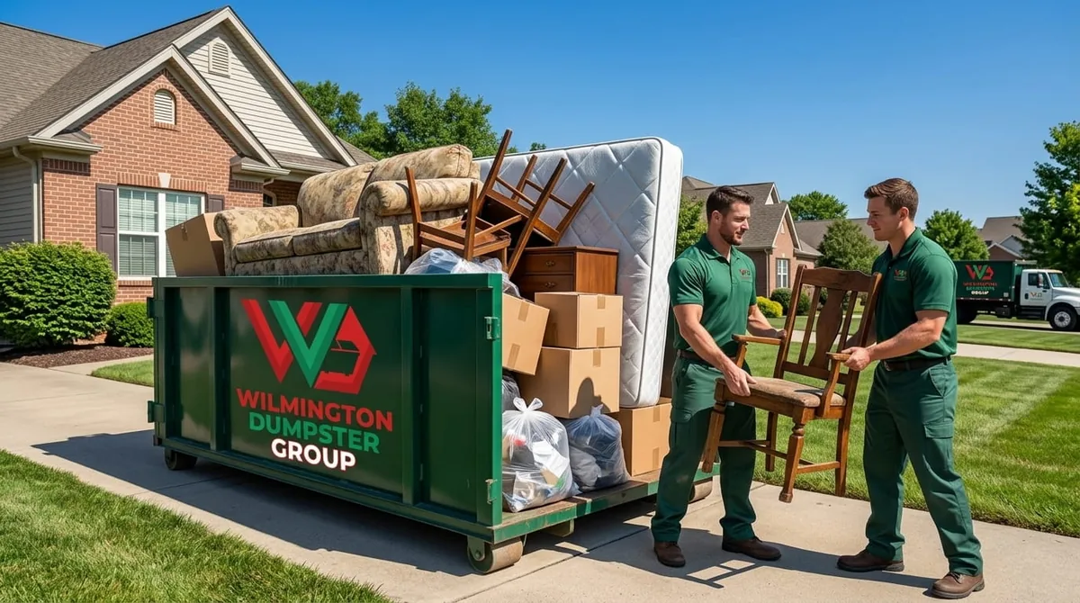Wilmington Dumpster Group roll-off truck delivering a dumpster