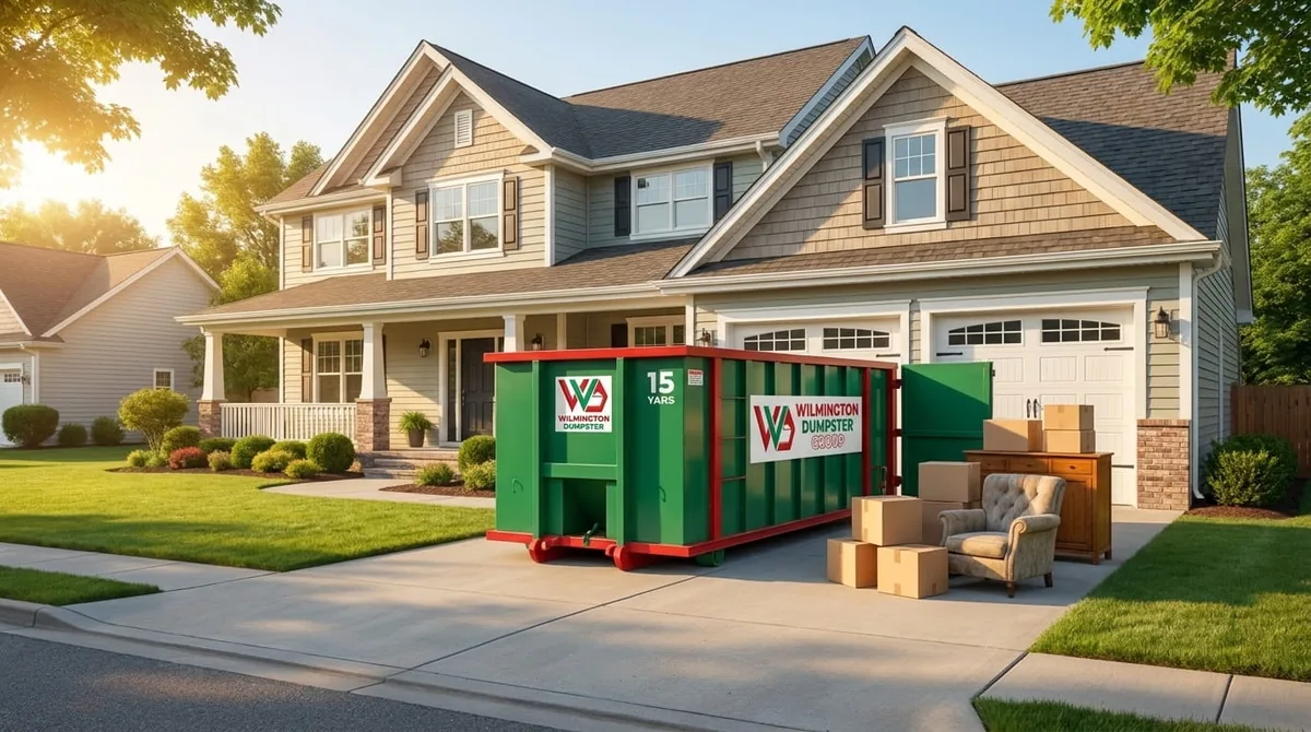 Roofing tear-off debris in a roll-off dumpster